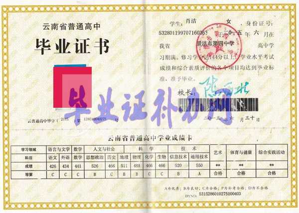 云南省高中畢業證圖片高清